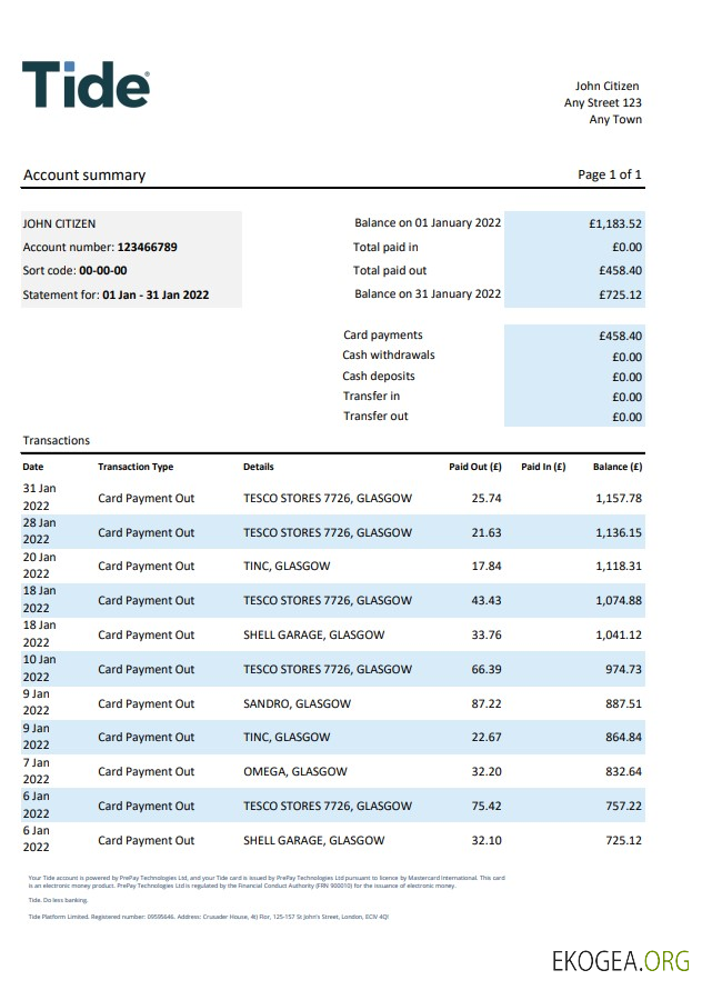 Relevé bancaire Tide du Royaume Uni, modèle Excel et PDF